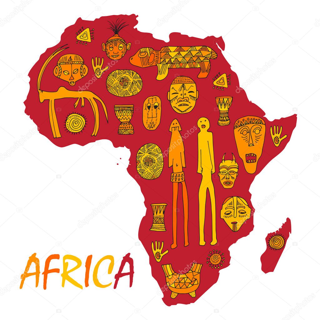 Africa map with different ancient symbols and signs — Stock Vector