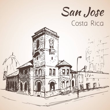 San Jose Şehir çizilmiş cityscape ver. Kosta Rika. Kroki. 