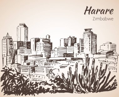 Harare cityscape kroki. Beyaz arka plan üzerinde izole