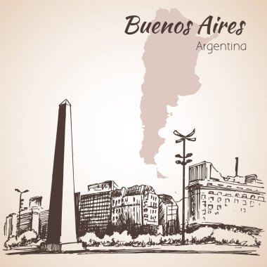 Buenos Aires cityscape Dikilitaş ile. Arjantin. Kroki. 