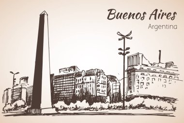 Buenos Aires cityscape Dikilitaş ile. Arjantin. Kroki. 