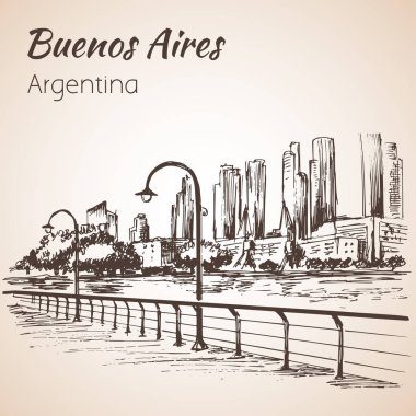 Buenos Aires cityscape sahil. Arjantin. Kroki. 
