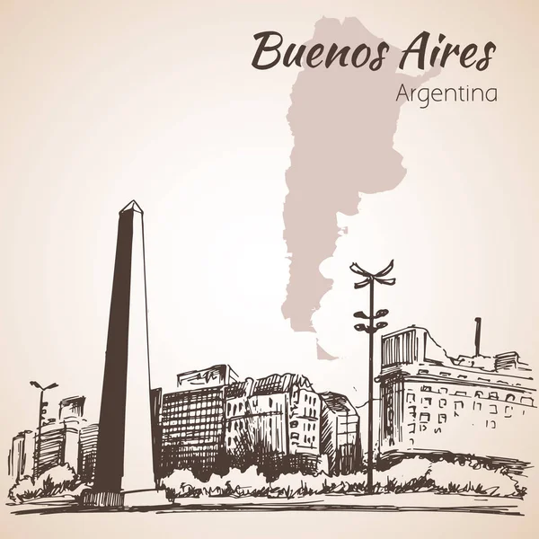 Buenos Aires városkép az Obeliszk. Argentína. Vázlat. — Stock Vector