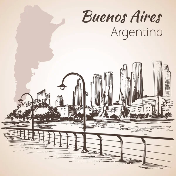 布宜诺斯艾利斯城市景观海滨。阿根廷。素描. — 图库矢量图片