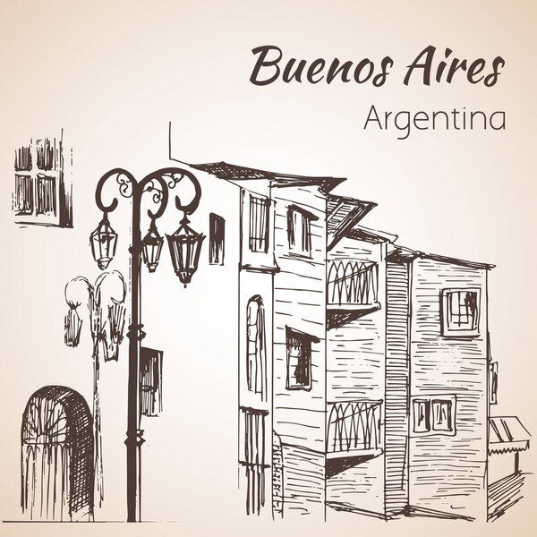 Буэнос-Айрес, городской пейзаж Каминито. Аргентина. Рисунок
.