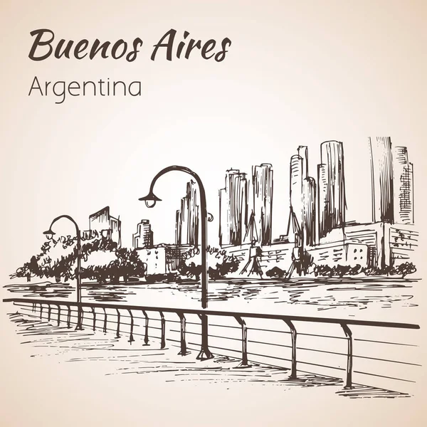 Buenos Aires Panorama pobřeží. Argentina. Skica. — Stockový vektor