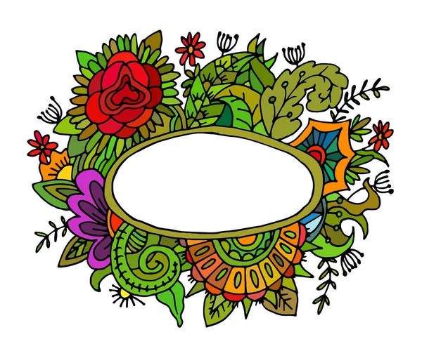 Marco dibujado a mano con flores y hojas decorativas . — Vector de stock