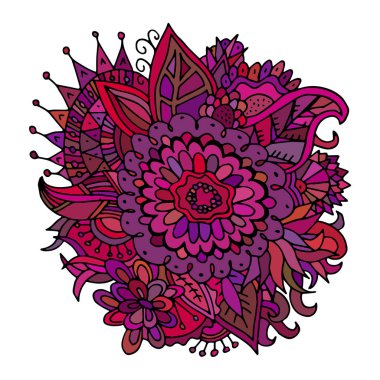 Dekoratif yapraklar ve çiçekler ile çizilmiş mandala el. 