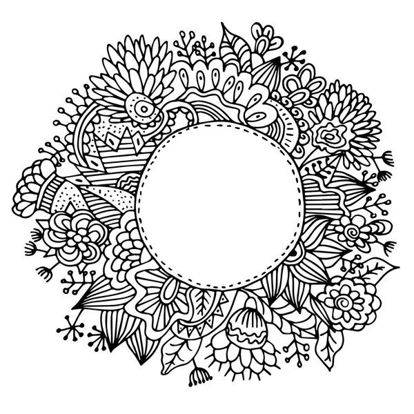 Handgezeichneter Rahmen mit Blumen und dekorativen Blättern. — Stockvektor