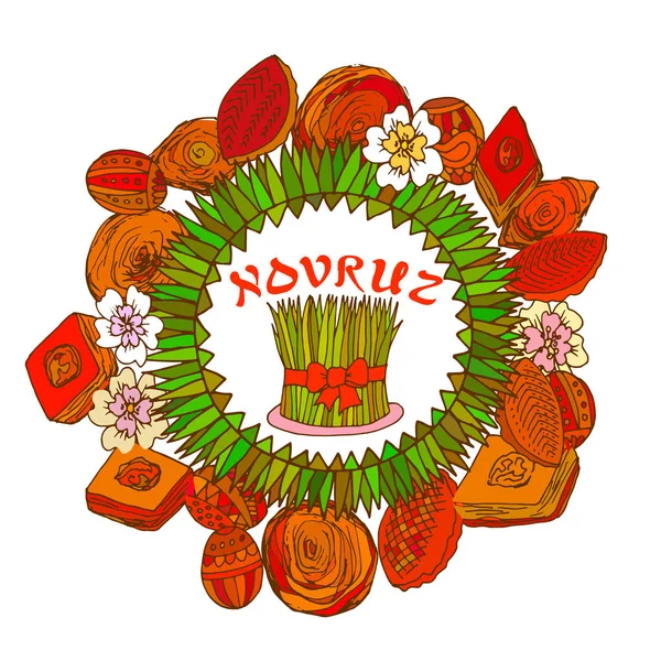 Novruz kleurrijke frame met snoep en eieren. — Stockvector