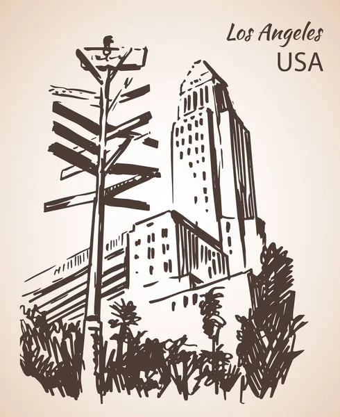 Los Angeles City Hall cityscape sketch. — Stock Vector