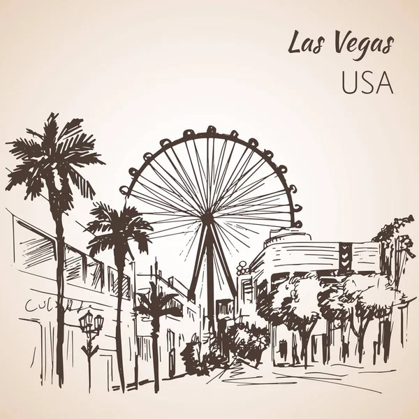 Las Vegas stadsgezicht schets maken reuzenrad. — Stockvector