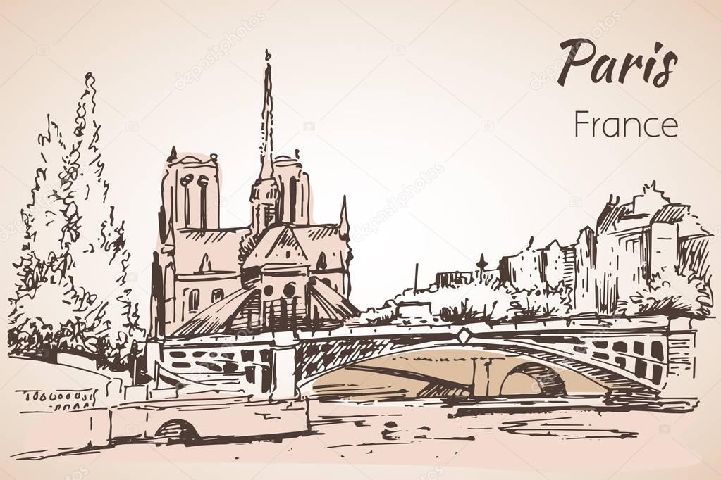 Paris cityspace. Cathedral Notre Dame de Paris. Sketch. 