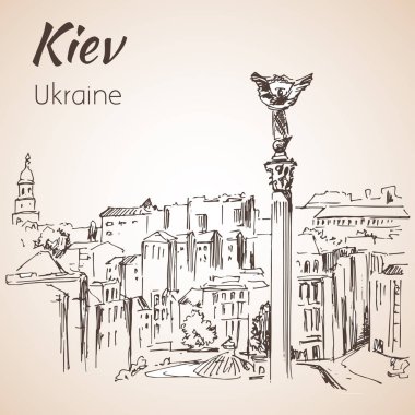Kiev bağımsızlık Meydanı Maidan cityscape kroki. 