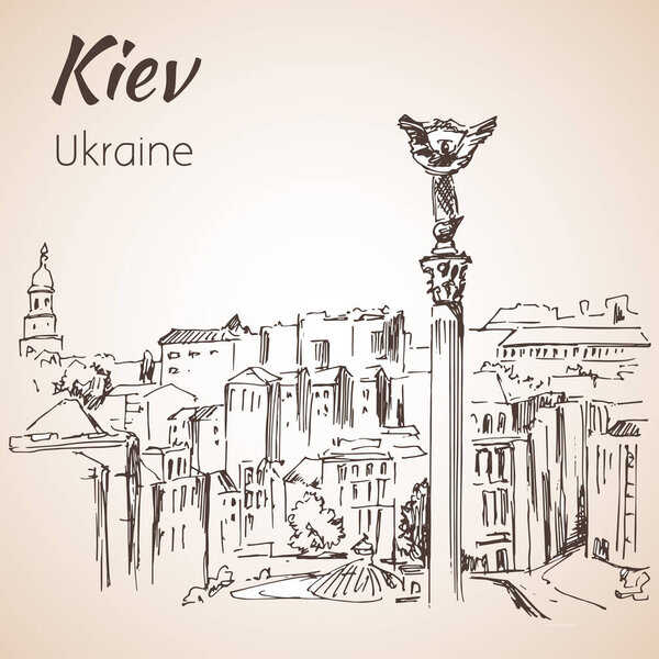 Kiev Independence Square Maidan cityscape sketch. 