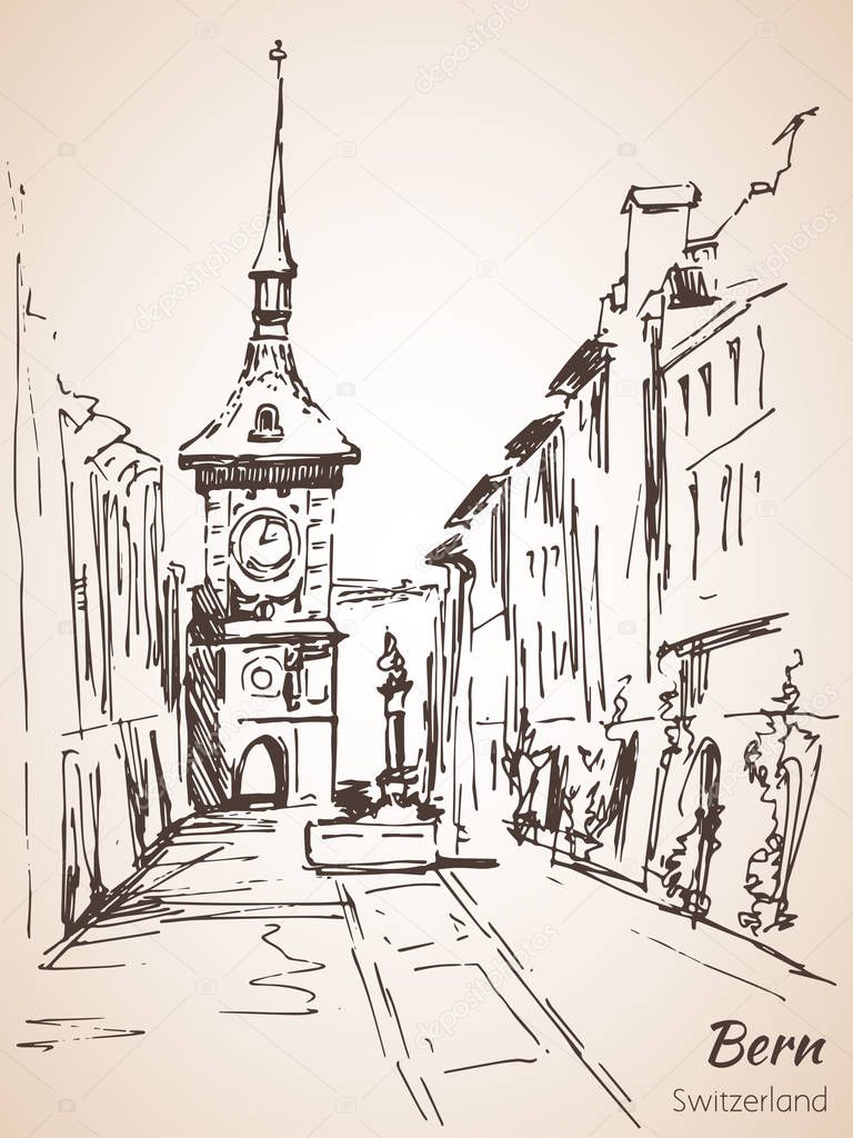 Old City of Bern view sketch. Switzerland. 