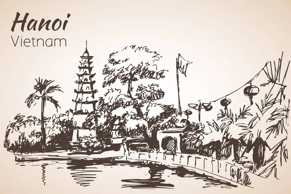 Baie de Hanoi avec pagode. Viêt Nam . — Image vectorielle