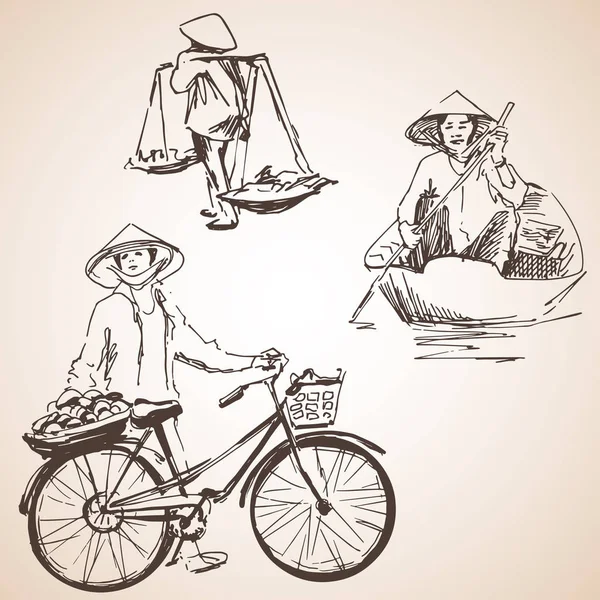 Silhuetas do Vietnã pessoas com frutas, bicicleta e barco — Vetor de Stock