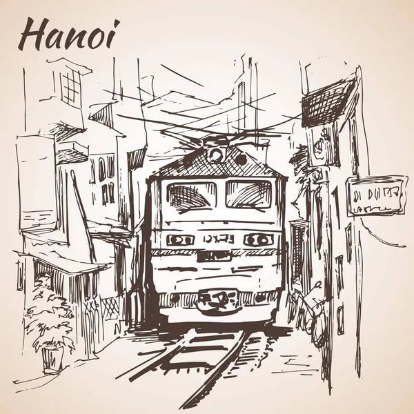 Tren en la calle estrecha Hanoi. Esbozo — Vector de stock