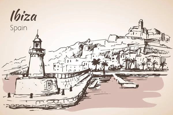 ヨーロッパ スペイン、バレアレス諸島イビサ市街の旧市街. — ストックベクタ