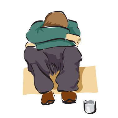 One man sitting in the street with small can for money. Isolated clipart