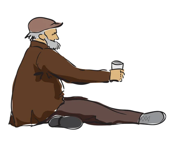 Viejo sentado en la calle con una lata pequeña por dinero . — Archivo Imágenes Vectoriales
