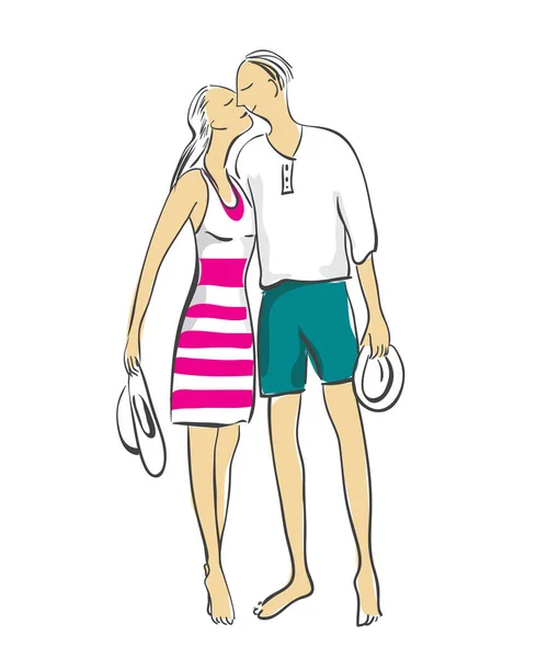 Junges Paar im Badeanzug - stehend, umarmt, küssend. — Stockvektor