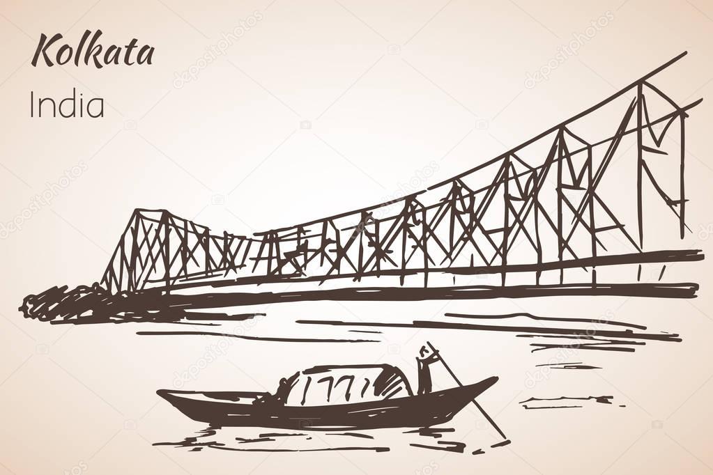 Sketch of indian city Kolkata bridge. 