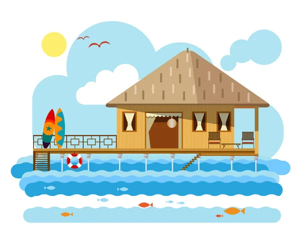 Desenho simples de bangalô de madeira com pranchas de surf . —  Vetores de Stock