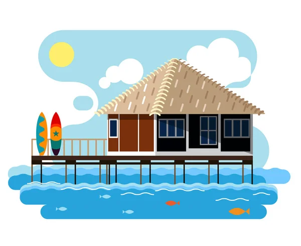 Dibujo simple de bungalow de madera con tablas de surf . — Vector de stock