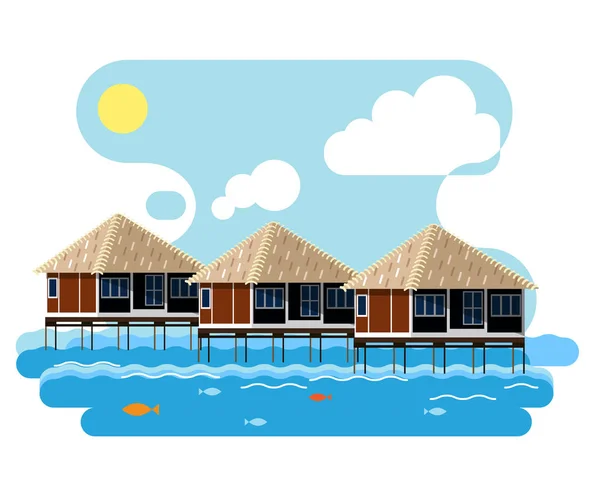 Dibujo simple de bungalow de madera en el agua . — Vector de stock