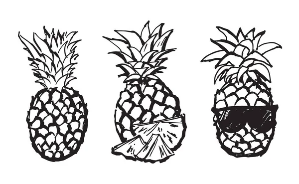 Симпатичный черно-белый набор с нарисованными от руки ананасами . — стоковый вектор