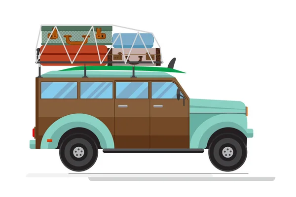 Isolated old car with big luggage on the roof. Flat design. Vect — Stock Vector