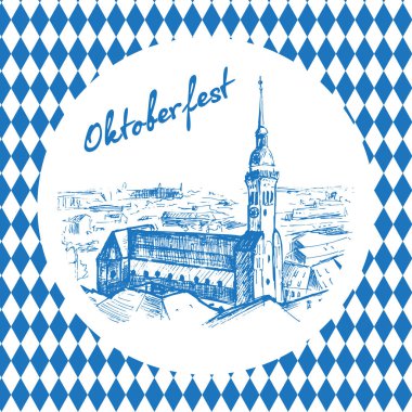 Munchen manzara - Münih, Almanya'nın sembolü. Kroki. 