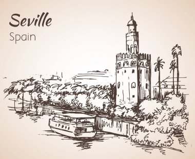 İspanya şehir Sevilla taslağını. Torre del Oro
