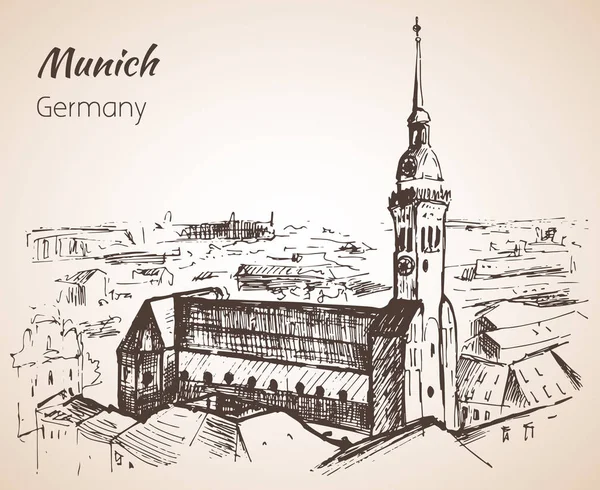 Münih şehir manzarası, Almanya. Kroki.