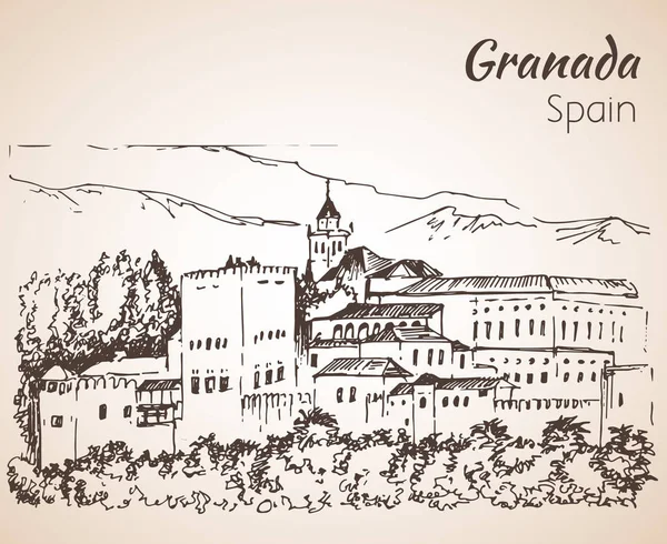 Vista panorámica de la Alhambra con Sierra Nevada al fondo — Vector de stock