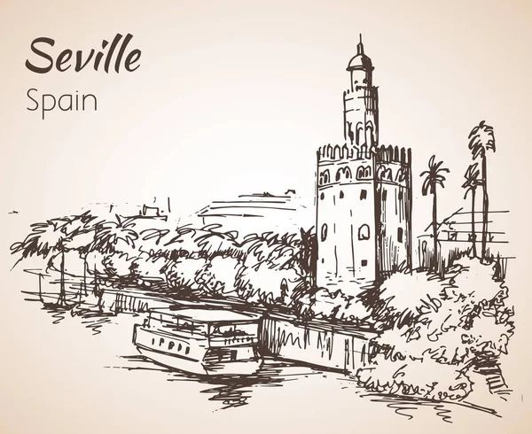 İspanya şehir Sevilla taslağını. Torre del Oro — Stok Vektör