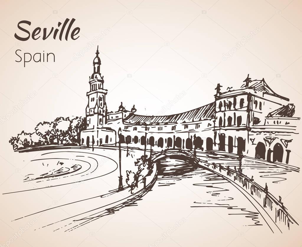 Plaza de Espana. Sketch of spain city Seville. Isolated on white