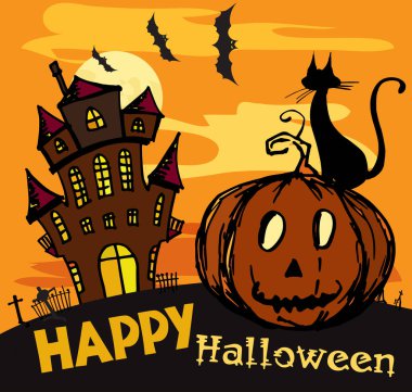 Balkabağı ve kedi gece ile izole eski yıkık kalede. 