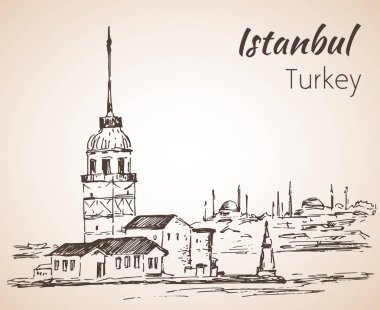 Istanbul Kız Kulesi ve Boğaziçi Köprüsü. Türkiye. Kroki. Ben