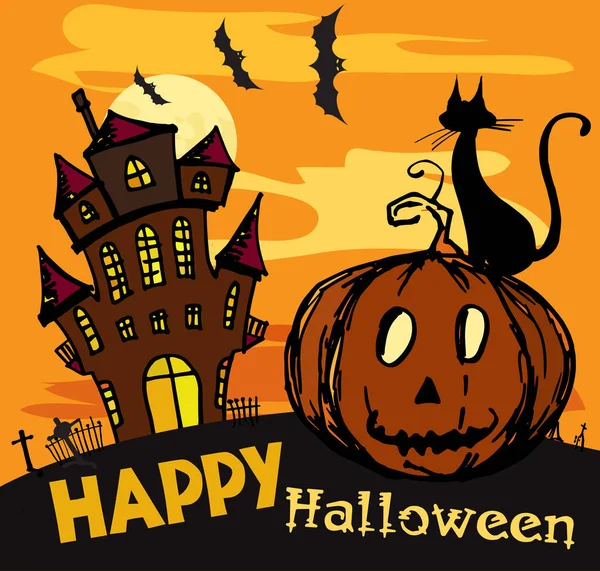 Balkabağı ve kedi gece ile izole eski yıkık kalede. 