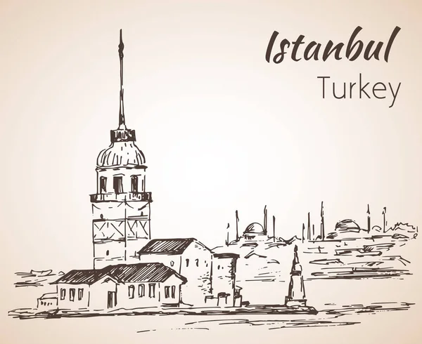 Istanbul Mädchenturm und Bosporus-Brücke. Truthahn. Skizze. i — Stockvektor