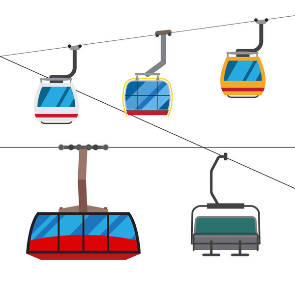 Different types of ski kabins with ropes.