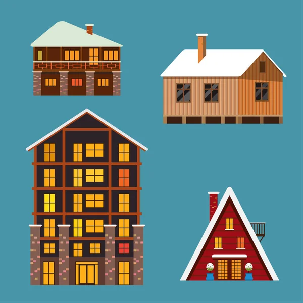 Set of different winter wodden und brick houses and hotels — Stock Vector