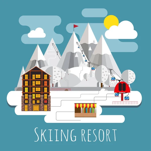 스키 리조트의 평면 디자인 파노라마 풍경. — 스톡 벡터