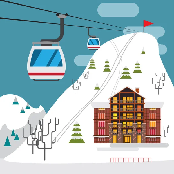Pejzaż zimowy ośrodek narciarski, kolejki linowej narciarskich i Hotele. — Wektor stockowy