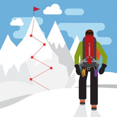 Alpinist hedef ile beyaz kar mountaint içinde.