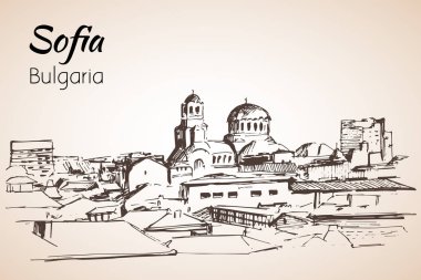 Sofya şehir panoraması, Bulgaristan. Kroki. Beyaz backgro izole