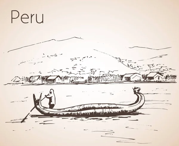 的的喀喀湖湖 wirh 国家船 totora, 秘鲁景点. — 图库矢量图片
